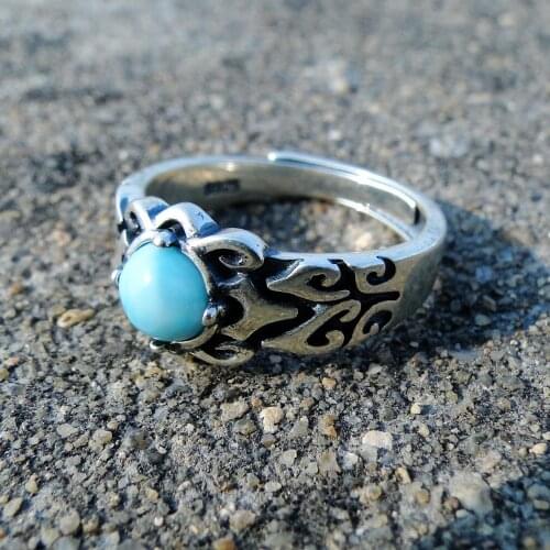 Solid 925 Sterling Silver Jewelry Rhodium Plated Natural Larimar Stone Round Shape 6mm Larimar Rings