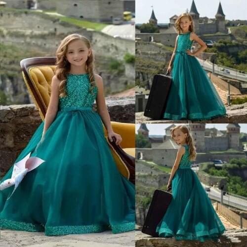 Formal Hunter Flower Girl Dresses Shining Sequined Sleeveless Girls Princess Gown Custom Made Kids Formal Wear with High Quality