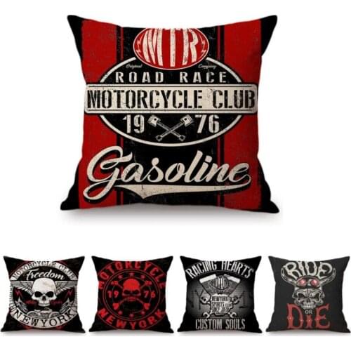 Vintage Motorcycle Club Letter Print Punk Style Pillow Case Retro Motorbike Skull Poster Art Home Decorative Linen Cushion Cover