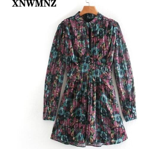 XNWMNZ Za women Fashion floral metallic thread dress ladies chic raised collar Long cuffed sleeves open chest mini dress Female