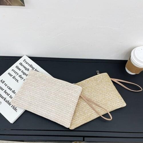 Women Summer Retro Straw Knitted Handbag Fashion Bohemian Woven Wristlet Bag Beach Summer Pure Color Clutch Handbag