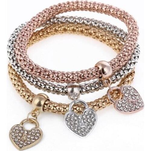 Women Charm Bracelet Heart Shape Lock With Sparkling Crystals Popcorn Chain Attractive Jewelry Zinc Alloy Provide Dropshipping