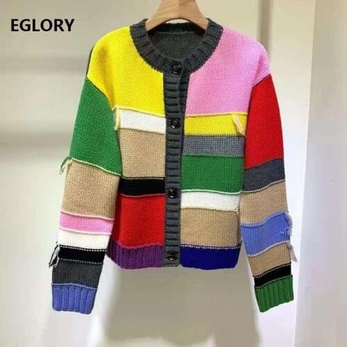 High Quality Sweater Cardigans 2021 Early Spring Fashionable Women O-Neck Sweet Rainbow Color Knitting Casual Cardigan Tops Coat