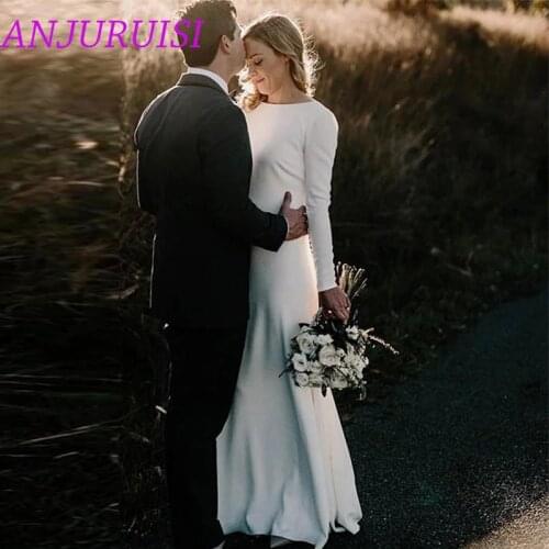ANJURUISI Sexy White Wedding Dresses 2020 Vintage Plus Size Sheath Scoop Elastic Woven Satin Long Sleeves Wedding Gown Mermaid