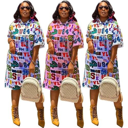 Number Letter Print Harajuku T-shirt Dress For Women Casual Hooded Short Sleeve Loose Vestidos Female Party Dress Plus Size 4XL