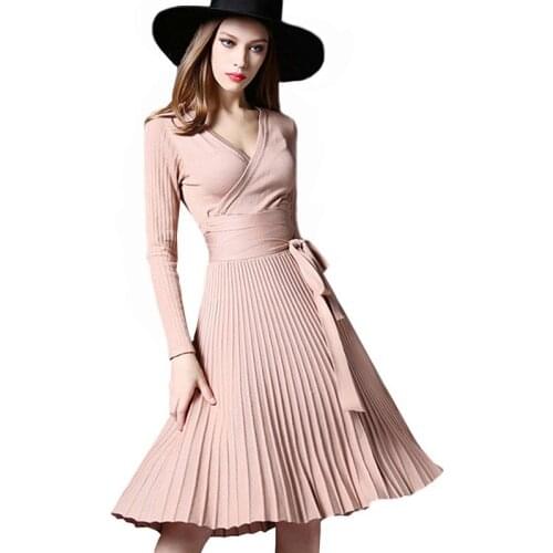Women Knit Sweater Dress Casual A-line Long Sleeve V-neck Lace Up Sashes PLeated Winter Dress Female Vestidos Large
