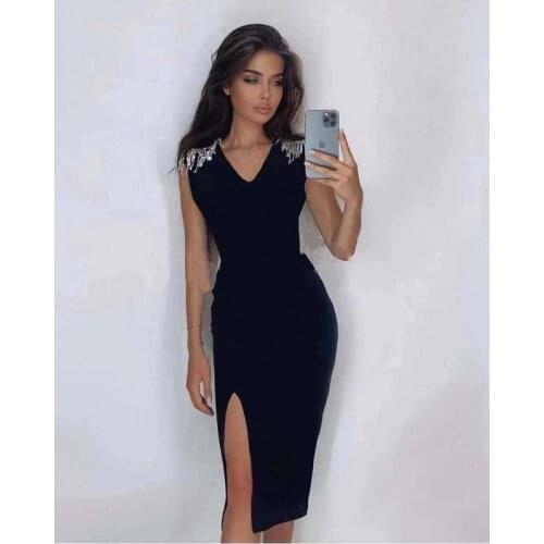 High Quality Black Crystal Tassel Open Fork Knee Length Rayon Bandage Dress Elegant Evening Party Dress Vestidos