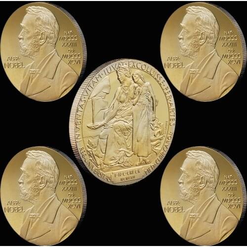5pcs/lot Alfred Bernhard Nobel Gold Coin Collection Gift Souvenir Gold Plated Coins Art Metal