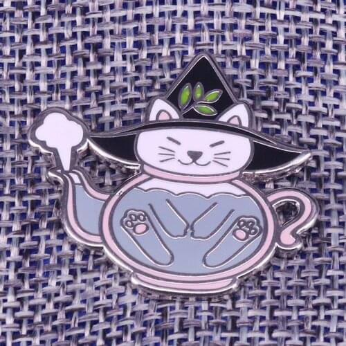Teapot cat pin cute witch hat badge pastel art brooch animal claw lover gift creative Halloween accessories