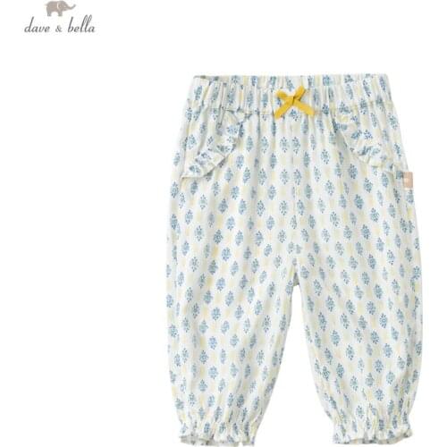 DBJ17869 dave bella summer baby girls fashion bow floral print pants children full length kids pants infant toddler trousers
