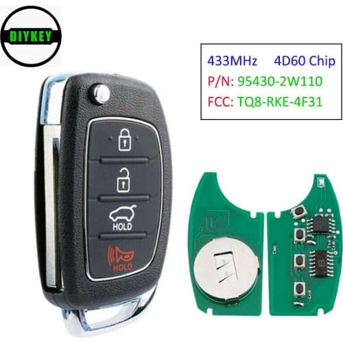 DIYKEY Flip Remote Key 4 Button FSK 433.92MHz 4D60 Chip Fob for Hyundai Santa Fe 2015 - 2019 FCC: TQ8-RKE-4F31 P/N: 95430-2W110