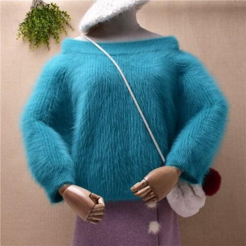 Female women fall winter thick warm hairy fuzzy mink cashmere knitted slash neck off shoulder angora fur jumper sweater pull top