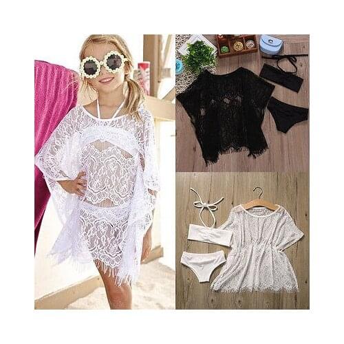 Summer Baby Girls 3pcs Clothes Set White Black Halter Bikini Set Bechwear Lace Cover Up Outfits Children Clothing Set