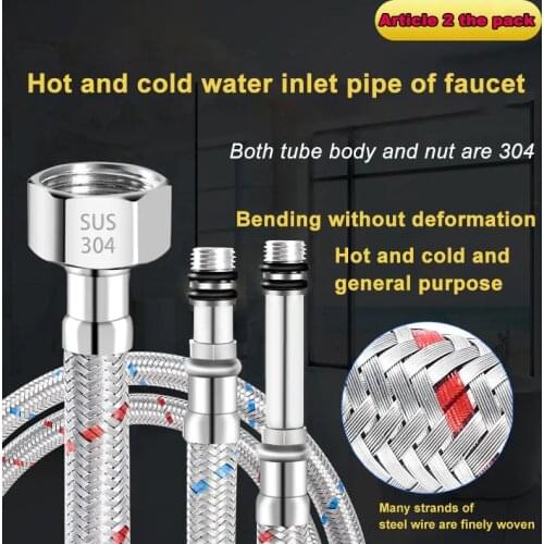 Faucet Inlet Pipe Kitchen Sink Basin Hot And Cold Water Pipe Tip Pipe 304 Stainless Steel Red And Blue Braided Hose 2Pcs/Set
