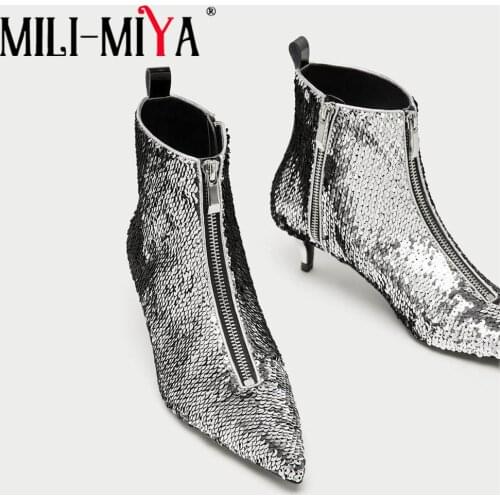 MILI-MIYA Luxury Sequin Cloth Low-Heeled Ankle Boots Sexy Pointed Toe Silver Zipper Ladies Wedding Party Shoes Large Size 34-48