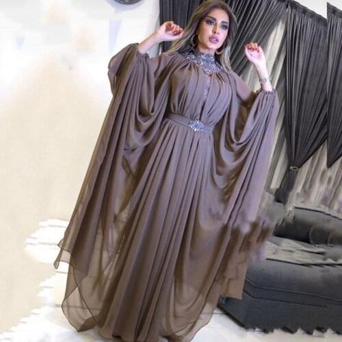 Eightale Muslim Evening Dress High Neck Beaded Dubai Long Sleeves Chiffon Arabic Side Split Floor Length Prom Party Dress