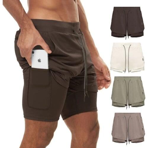 Men Solid Color Double Layer 2 In 1 Running Shorts Built-in Pockets Shorts Sport Gyms Fitness Jogging Workout Shorts New