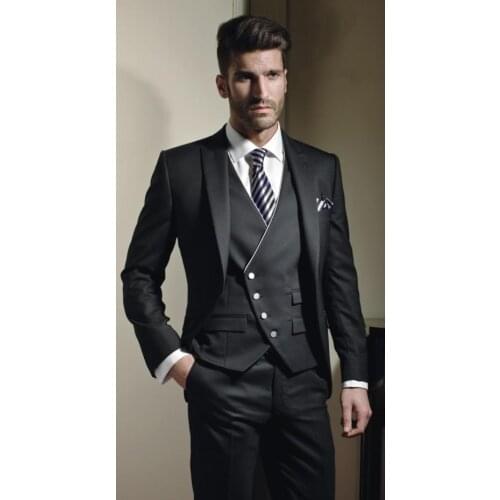 New Arrival Groom Tuxedo Black Groomsmen Peak Lapel Wedding/Dinner Suits Best Man Bridegroom (Jacket+Pants+Tie+Vest) B505