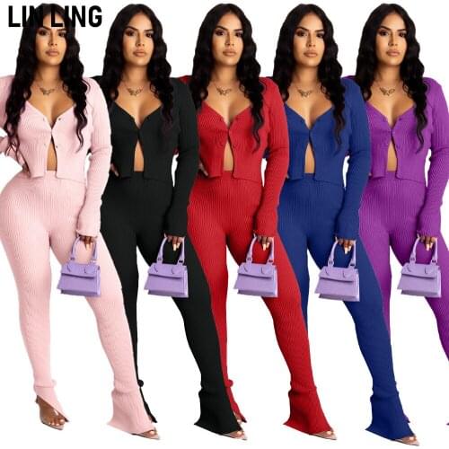 V-neck Single Breasted Slim Fit Full Sleeve Top with Casual Simple Tight Elastic Split Pants Two-piece Set
