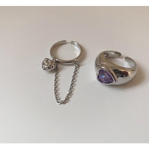 Origin Summer Fashion Purple Love Heart Cubic Zircon Ring for Women Girls Metal Tassel Chain Open Ring Jewelry Accessories