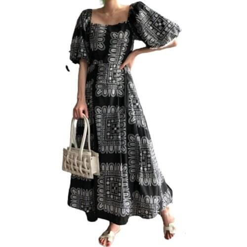 PERHAPS U Women Bohemian Black Loose Cotton Square Collar Puff Sleeve Tie Dye Print Big Hem Zipper Ankle-Length Dress D3040
