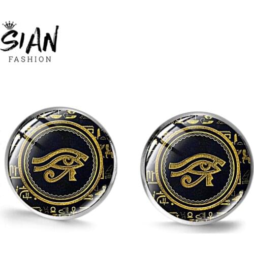 SIAN Ancient Egyptian Eye Stud Earrings Egypt Eye of Horus Charm Silver Plated Crystal Dome Earring Statement Women Accessories