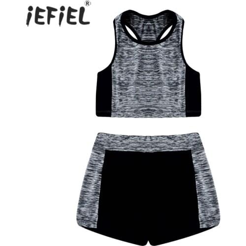 Kids Girls Clothes Sets Racer Back Sport Tanks Crop Top Bottoms Shorts Set Ballet Dance Workout Dancewear Gymnastics Outfits