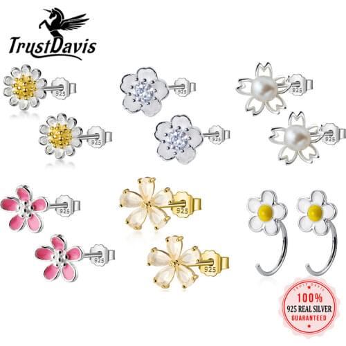 TrustDavis Real Sterling Silver Fashion Sweet Flower Charm Stud Earrings for Women Wedding Birthday Party Fine Jewelry DS616