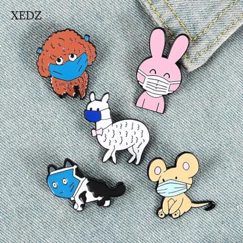 XEDZ Cartoon Funny Animal Rabbit Mouse Alpaca Puppy Enamel Brooch Fashion Cute Animal Mask Badge Costume Decoration Gift For Fri