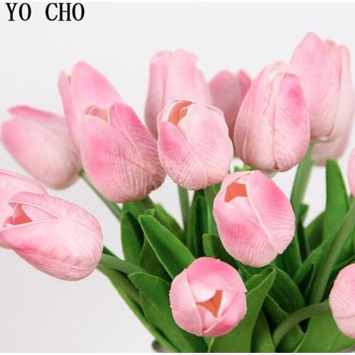YO CHO 31pcs/lot Tulips Artificial Flowers Plant Craft PU Home Festival Vase Decoration Bridesmaid Bouquet DIY Real Touch Flower