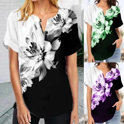 Short Sleeve Top Vintage Print Summer Women T-shirt V Neck Floral Print Short Sleeve Blouse Top Streetwear for Office Plus Size
