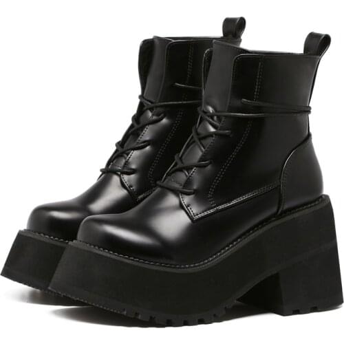 Harajuku Style Thick-Soled Lace-up Short Boots Women Autumn 2021 New Chunky Heel 9cm High Heel Winter Fleece Lining shoes