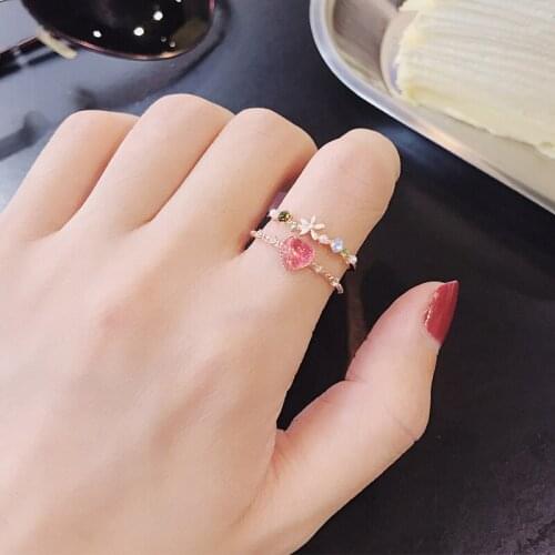 Pure Lovely Sweet Girl Beloved Heart Flower Candy Color Double-layer Open Adjustable Index Finger Women Ring Student Girlfriend