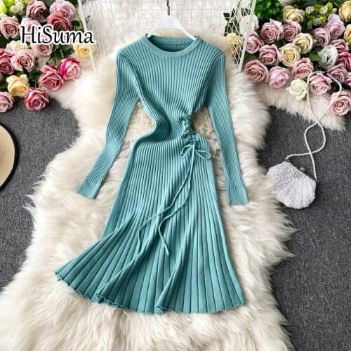 2020 autumn winter new womens O-neck long sleeve Drawstring knitted dress female chic solid waist sweater A-line dresses
