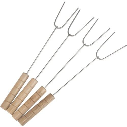 4PCS strong stainless steel barbecue fork 34CM chicken wing fork round wooden handle