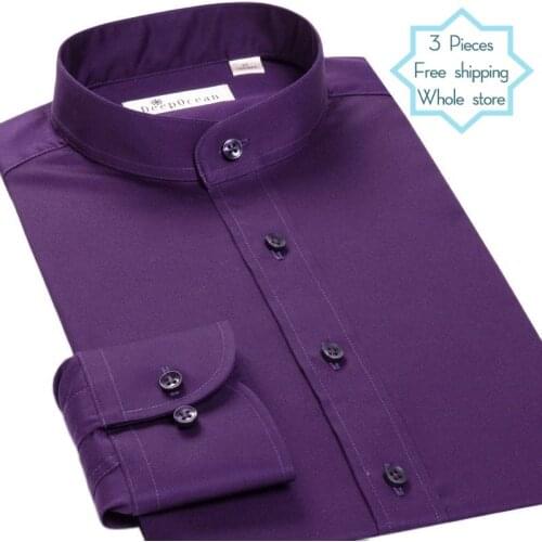 DEEPOCEAN Stand-up Collar Mens Business Korean Slim Cotton Youth Mens Shirt Non-iron Chinese Style