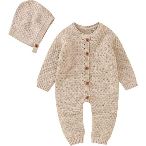 Newborn Baby Knitted Rompers Clothing Unisex Boy Girl Toddler 100% Long Sleeve Jumpsuit Overalls Infant Outfits with Hat Set
