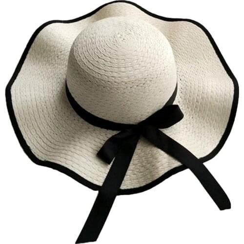 Women Bucket hat Bowknot Straw Weave Wavy Wide Brim Sunscreen Outdoor Beach Sunhat Cap Hat summer straw hat 2021