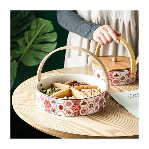 Ceramic Portable Divided Grid Fruit Plate With Lid New YearS Living Room Creative Snack Storage Dried Fruit Box Nut Platter