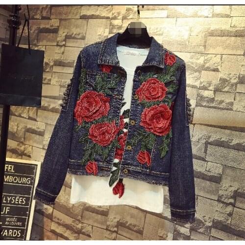 Spring autumn womens casual red rose embroidery broken hole jacket female vintage slim Jean jacket TB3385