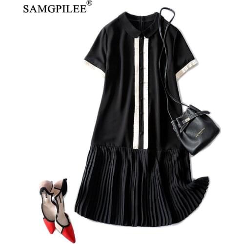 Summer Dress 2021 New French Hepburn Style European Station Peter Pan Collar Pleated Loose Slim Short-sleeved Black Dresses