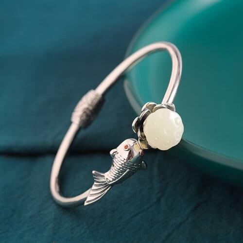 Fashion Retro Style Womens Lotus Three-dimensional Fish S925 Sterling Silver Open Bracelet