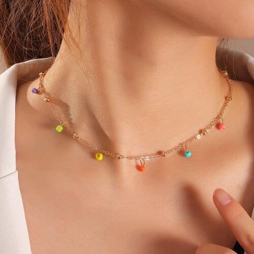 2021 Bohemian Colorful Beads Beaded Tassel Choker Necklace for Women Simple Charms Clavicle Chain Necklace Fashion Party Jewelry