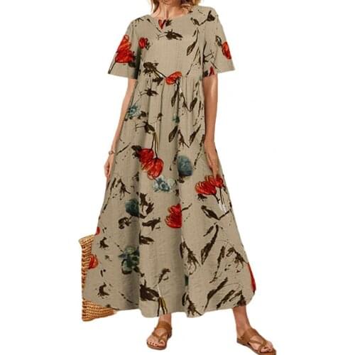 Summer Maxi Dress Women Short Sleeve Breathable Cotton Blend Fashion Printing Elegant Long Dress Beach Women Streetwear vestidos