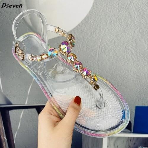 Summer Color Diamond Jelly Fashion Women Sandals PVC Female Flat-bottomed Outdoor Leisure Beach Transparent Crystal Sandals