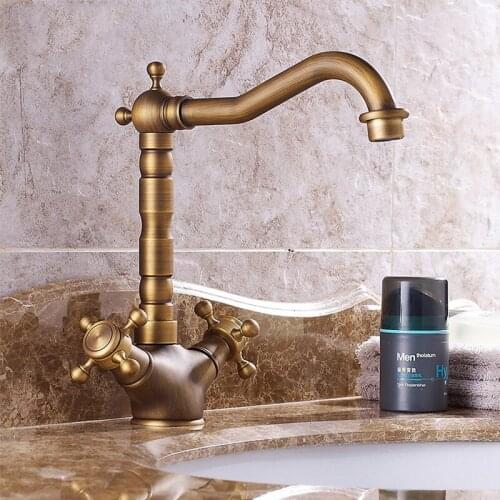 Bathroom Basin Faucet 360 Degree Swivel Spout Double Cross Handle Vintage Antique Brass Kitchen Sink Tap Cold Hot Water Mixer