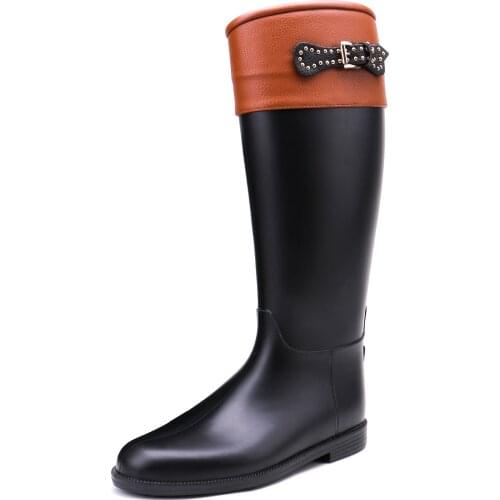 TONGPU Womens Zipper Closure Buckled Bowtie Waterproof PVC Knee-High Tall Rain Boots 14-591
