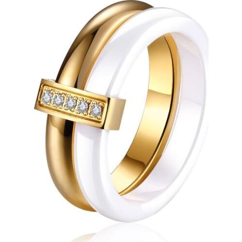 Luxury White Ceramic Stainless Steel Rings with AAA Zirconia Double Round Circle Set Wedding Band Rings for Women Jewelry Gifts