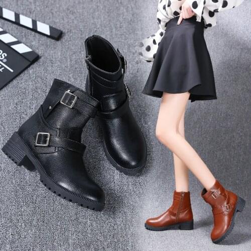 Ladies Winter Boots Lady Zippers Shoes Buckle Round Toe Square Heel Martin Boots Low Heels Shearing Botas Zapatos Mujer Black