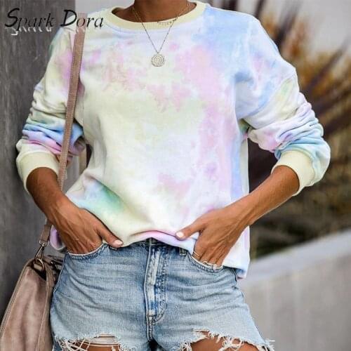SparkDora HOTWomen Sweatshirt Autumn Rainbow Color Tide Long-sleeve Pullovers Tie Dyeing Shirt Tops Women Clothes 2019